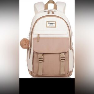 Cream & Tan Women's Backpack with Pom Pom Accent